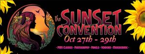 sunset convention banner featuring a black background with sunflowers, and red and pink artwork.